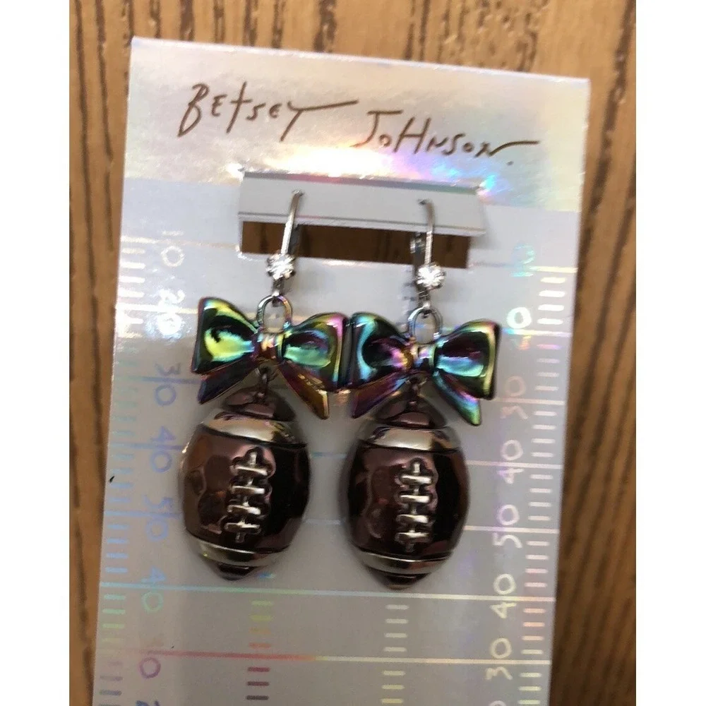 Betsey Johnson Touch Down Iridescent Bow & Brown Metallic Football Drop Earrings
